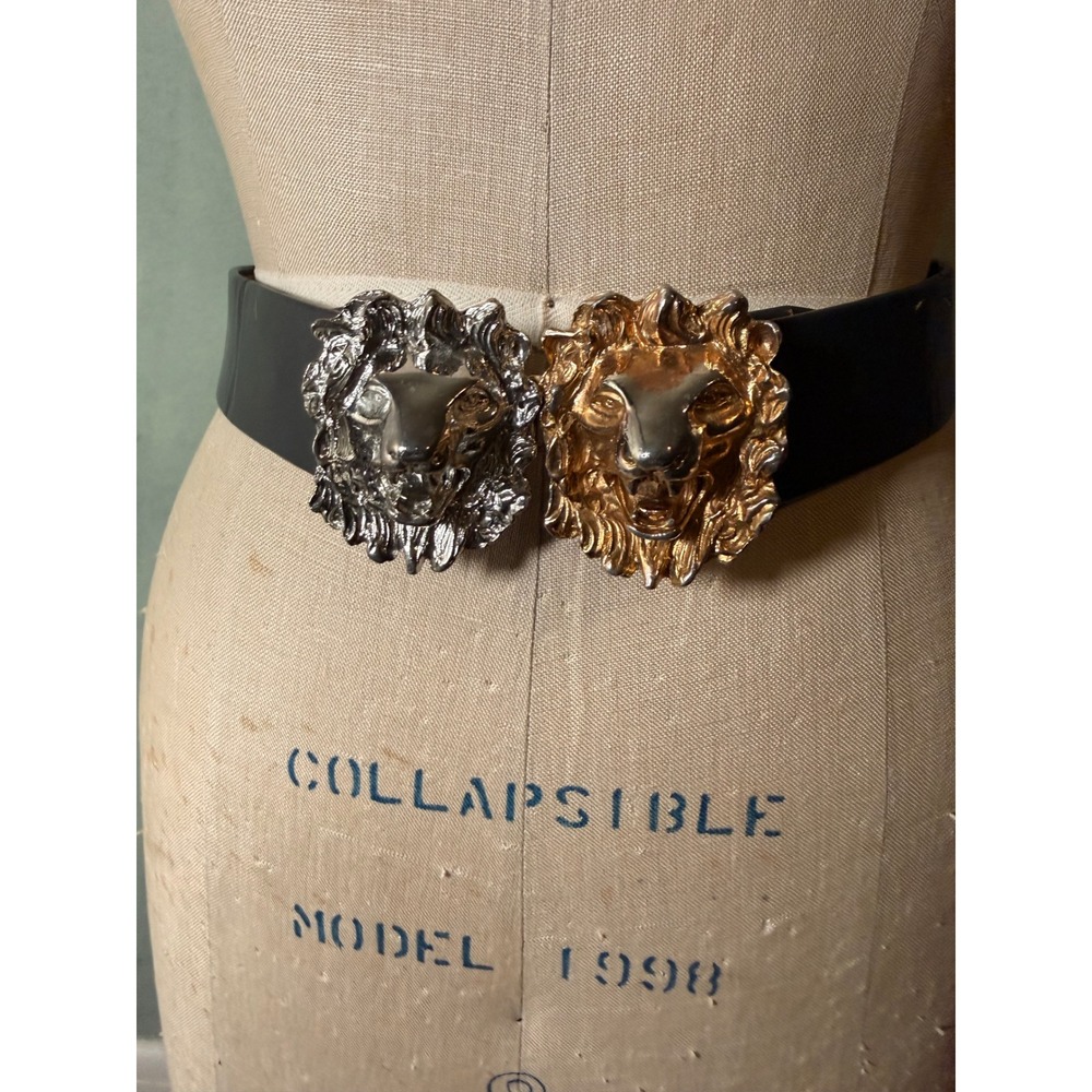Vintage Dark Grey Leather Lion Head Belt Mixed Metal Gold Silver Buckle